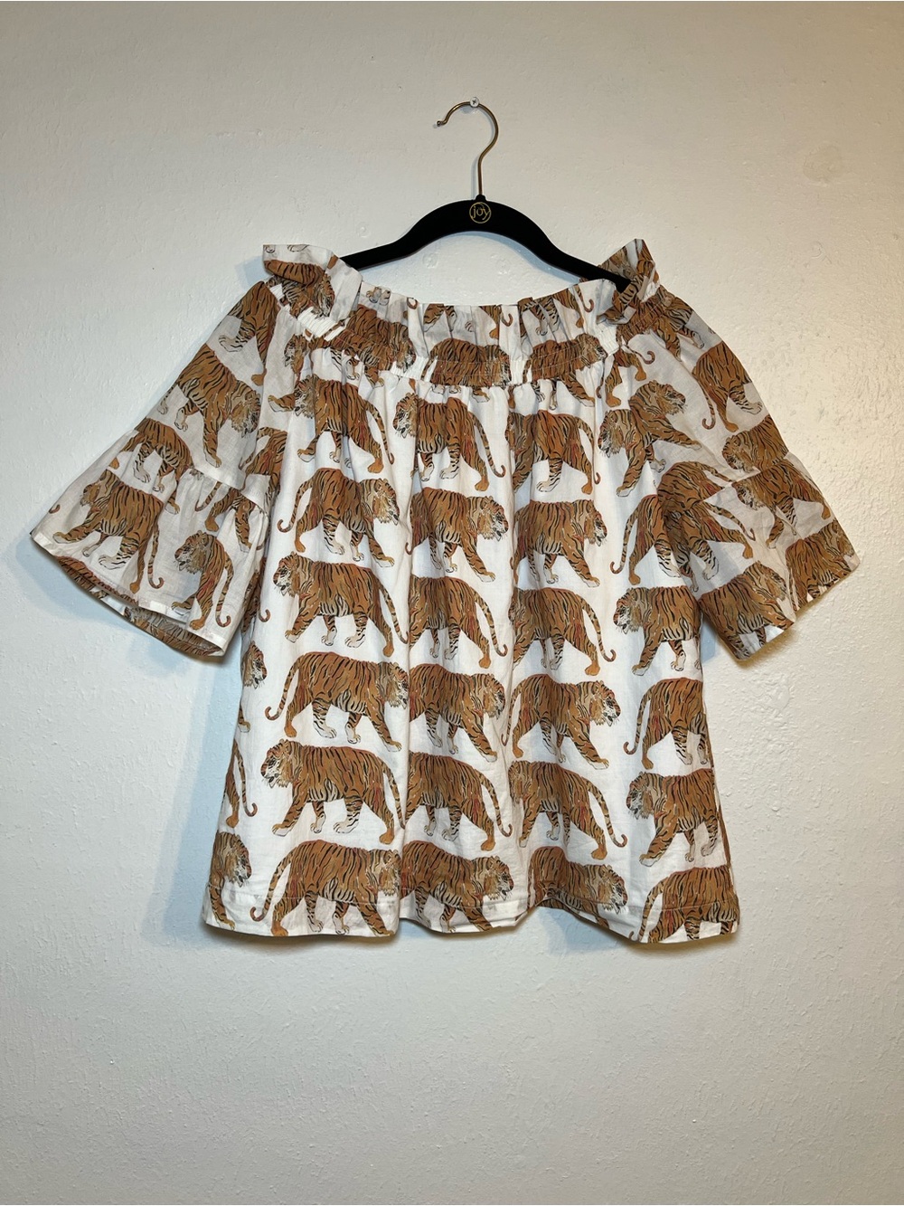Brooke Wright Tiger Print Off-Shoulder Blouse in White and Brown size medium